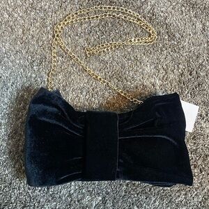 Lauren Conrad Black Velvet Bow Clutch Purse Handbag Gold Chain Strap NWT